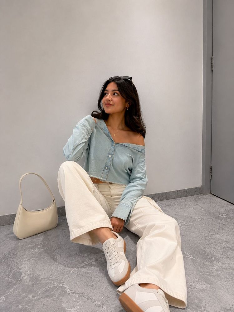 Light Wash Off-Shoulder Denim Shirt
