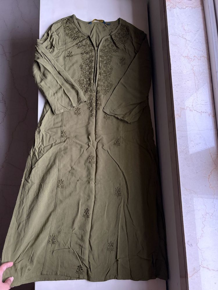 Olive Green Embroidered Kurta