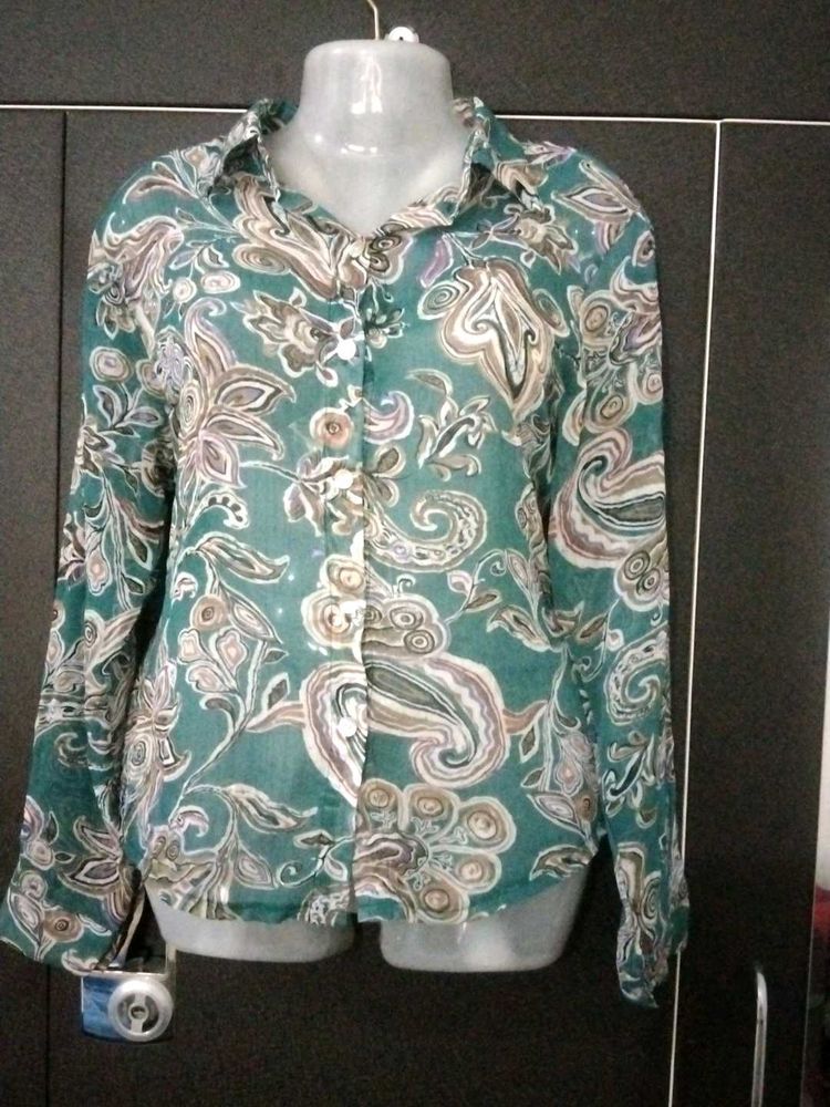 Sheer Paisley Print Button-Up Blouse