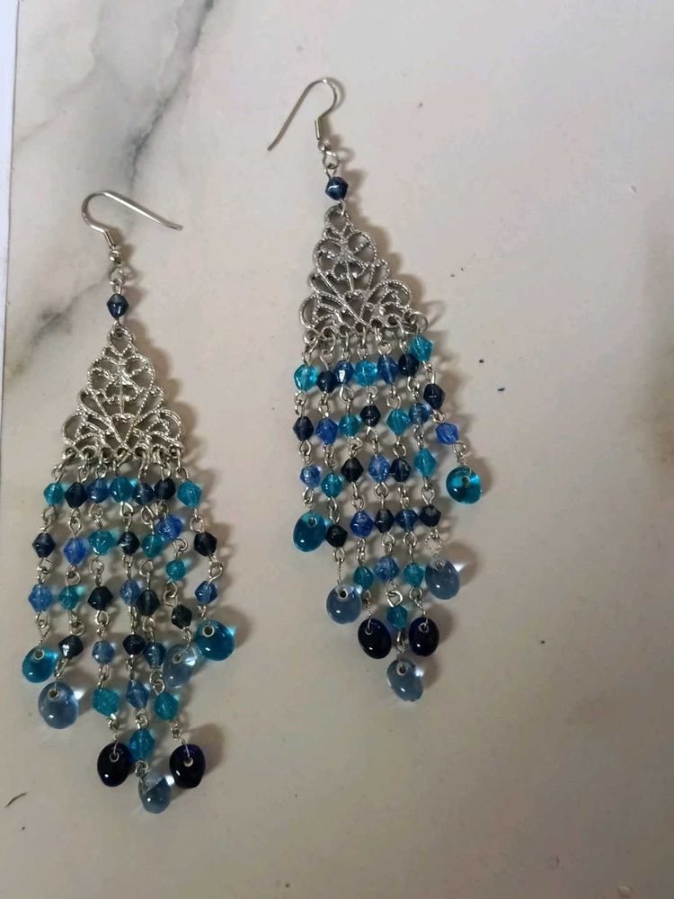 Blue Beaded Chandelier Earrings