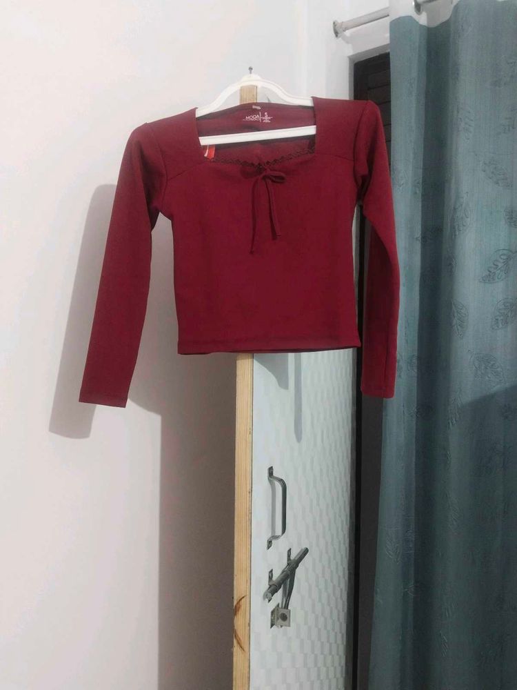 Maroon Square Neck Long Sleeve Top
