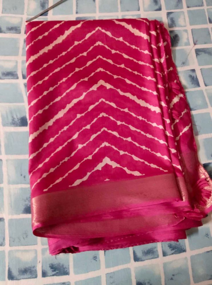Vibrant Pink Saree with White Chevron Print