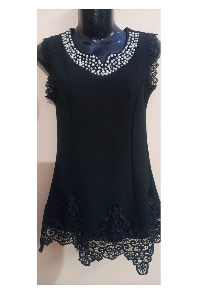 Designer Black Top With Pearls Work On Neck.