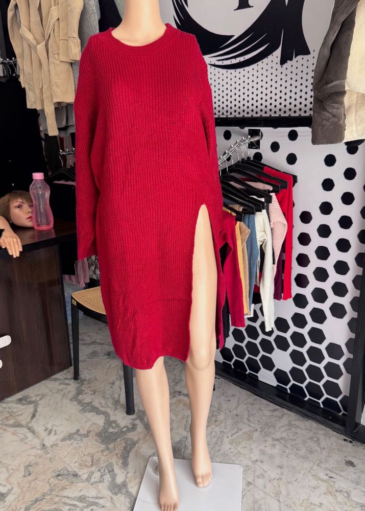 Red Slit Sweater Dress