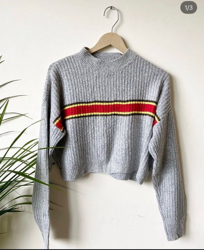 Gray Striped Cropped Sweater