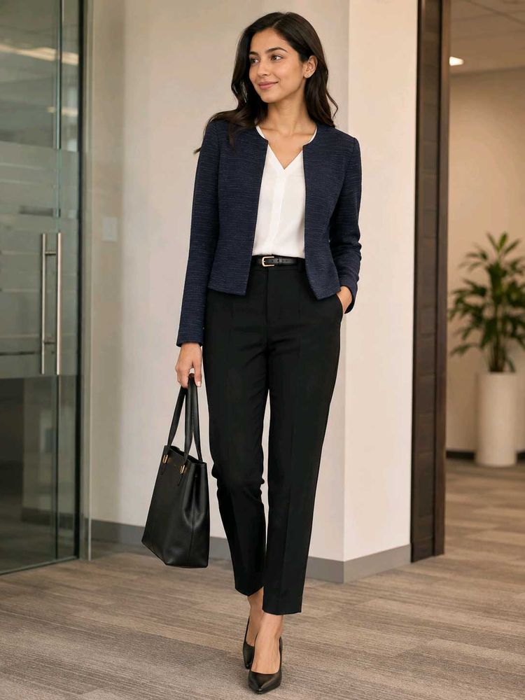 Mango Navy Blue Textured Blazer