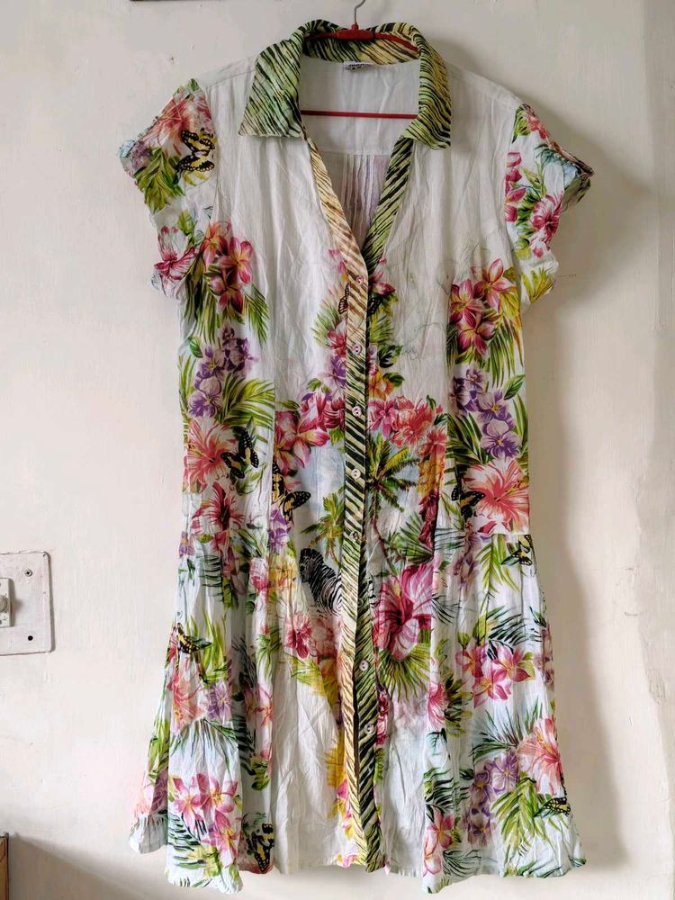 Tropical Floral Print Button-Up Dress