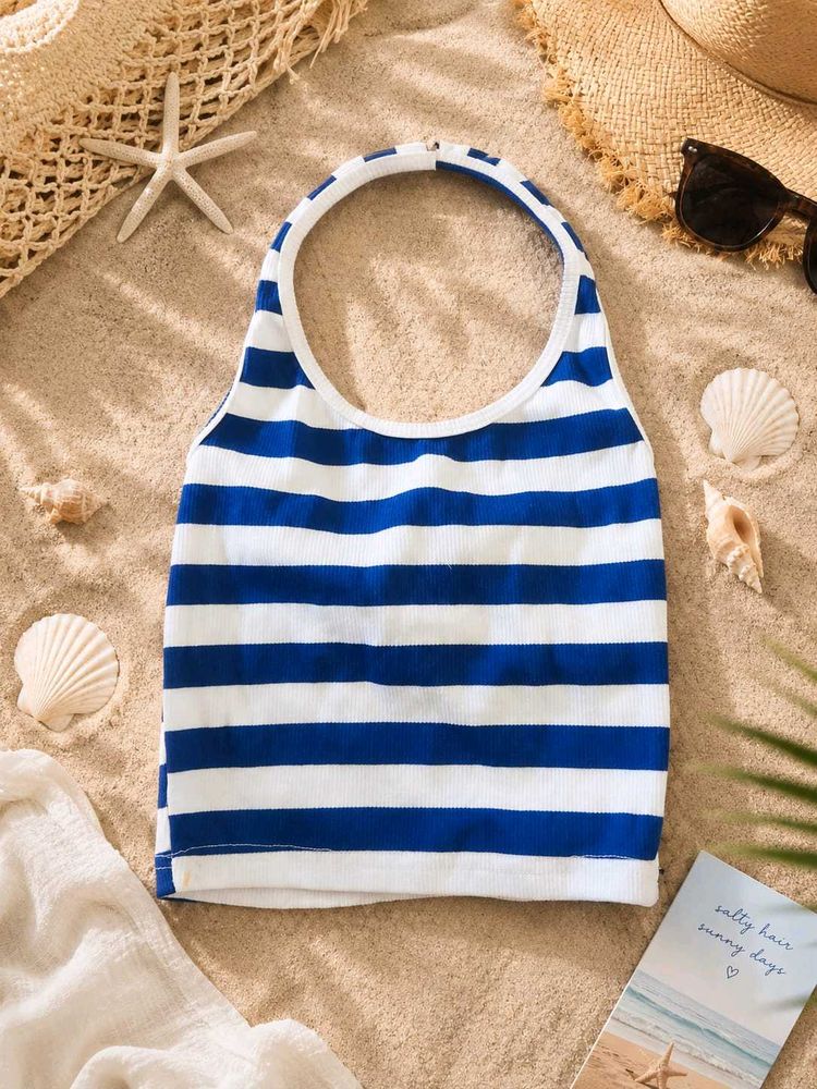 Blue &amp; White Striped Bikini Top