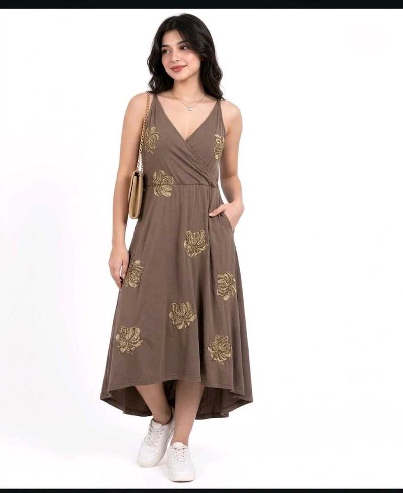 Brown Floral V-Neck Midi Dress