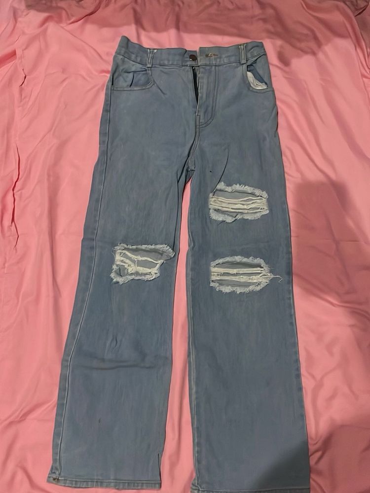 Light Wash Ripped Wide Leg Jeans