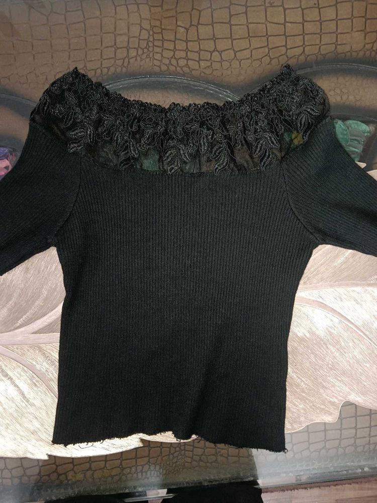 Chic Black Off-Shoulder Lace Trim Top