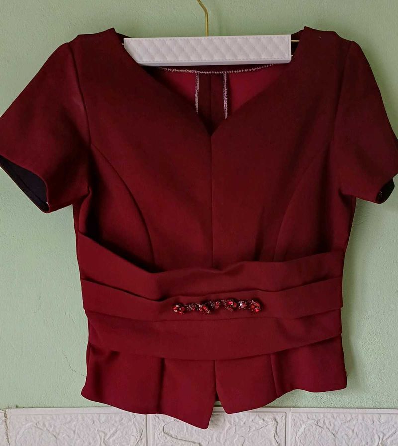 Elegant Wine Red Peplum Blouse