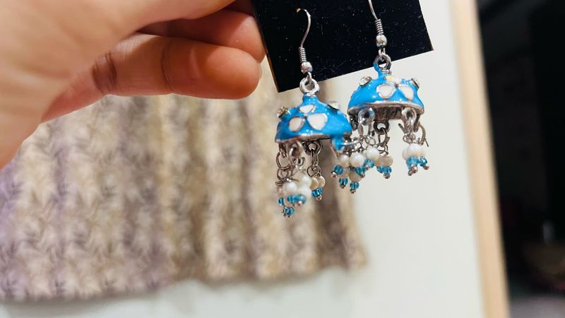 Blue Jhumka Earrings with Pearls