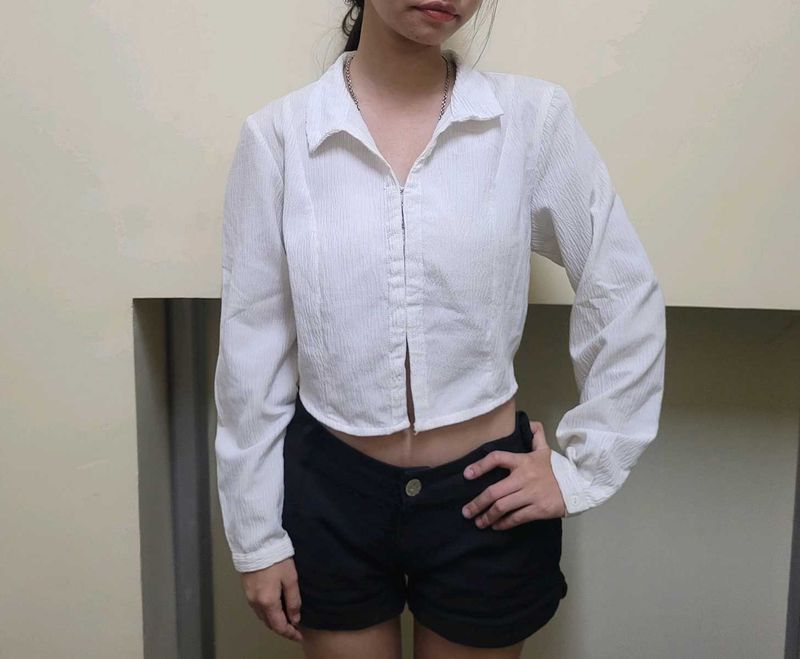 White Cropped Button-Up Shirt
