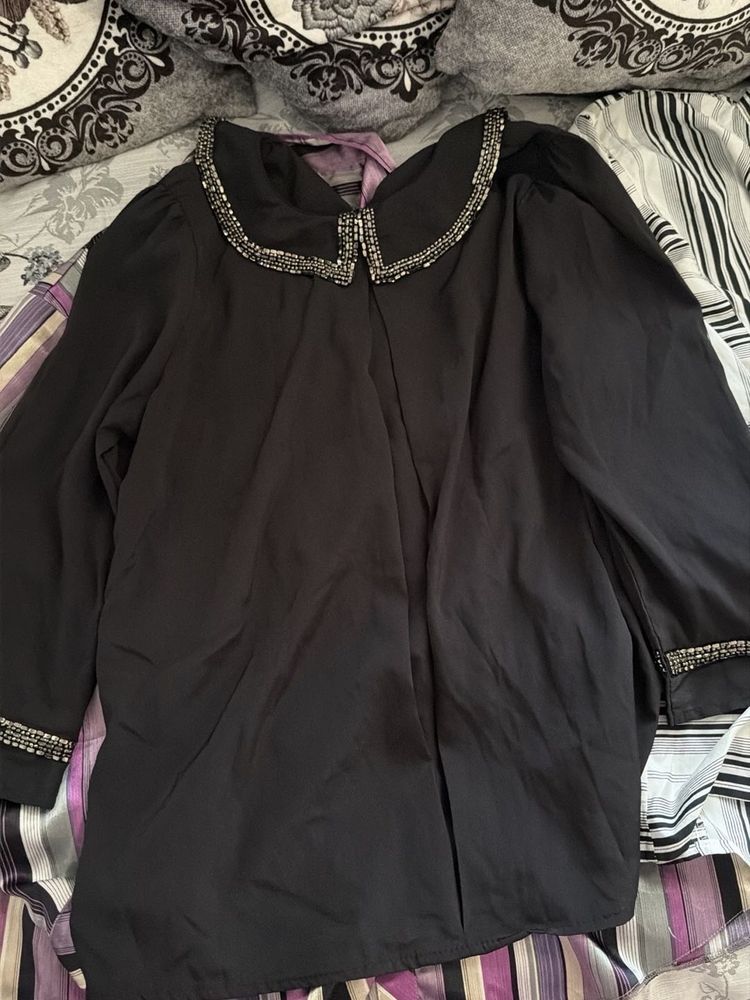 Elegant Black Beaded Collar Top