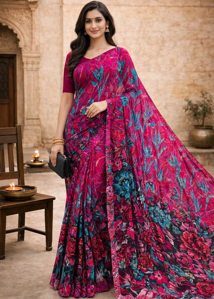 🇳🇿💫🎀Floral Print black pink Saree