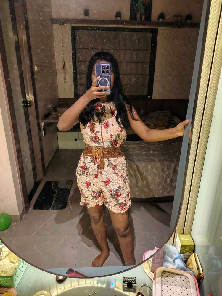 Floral Romper with Woven Belt