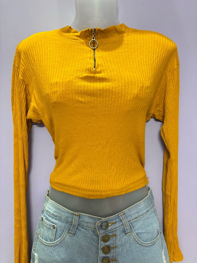 Mustard Yellow Ribbed Zip-Up Top