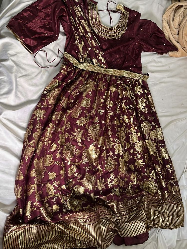 Maroon &amp; Gold Embroidered Lehenga Choli