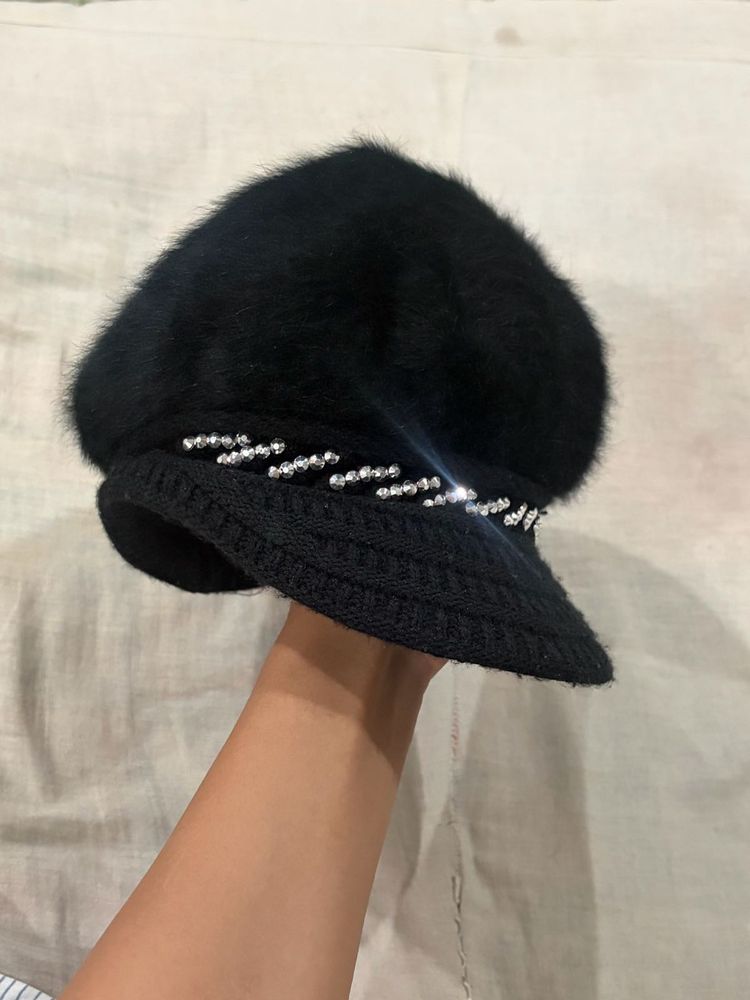 Chic Black Beanie Hat with Rhinestones