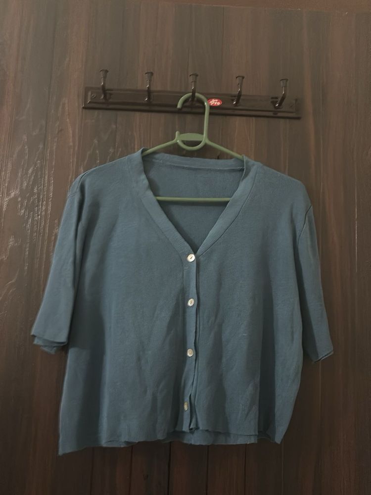 V-Neck Button-Up Short-Sleeve Cardigan