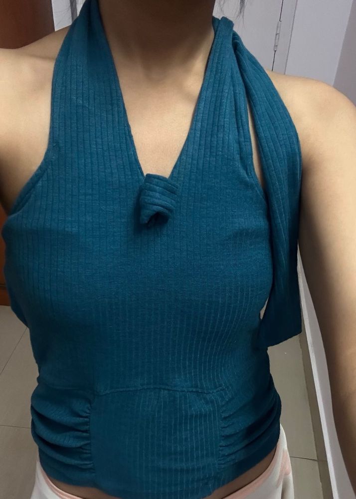 Teal Ribbed Halter Neck Top