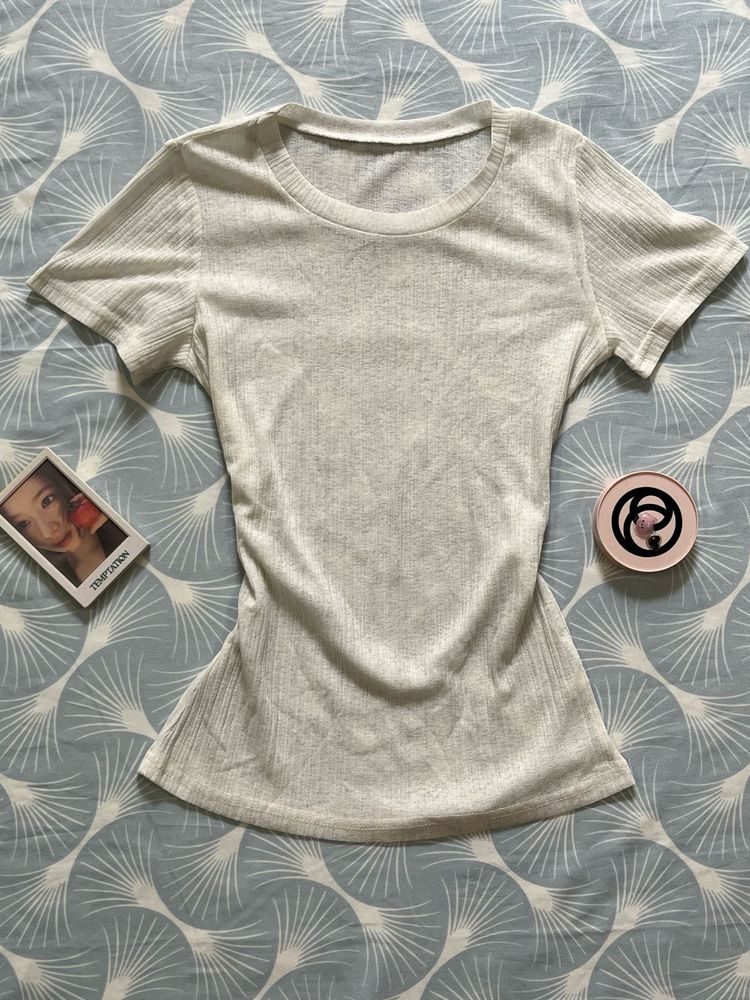 Ribbed Knit Crew Neck T-Shirt