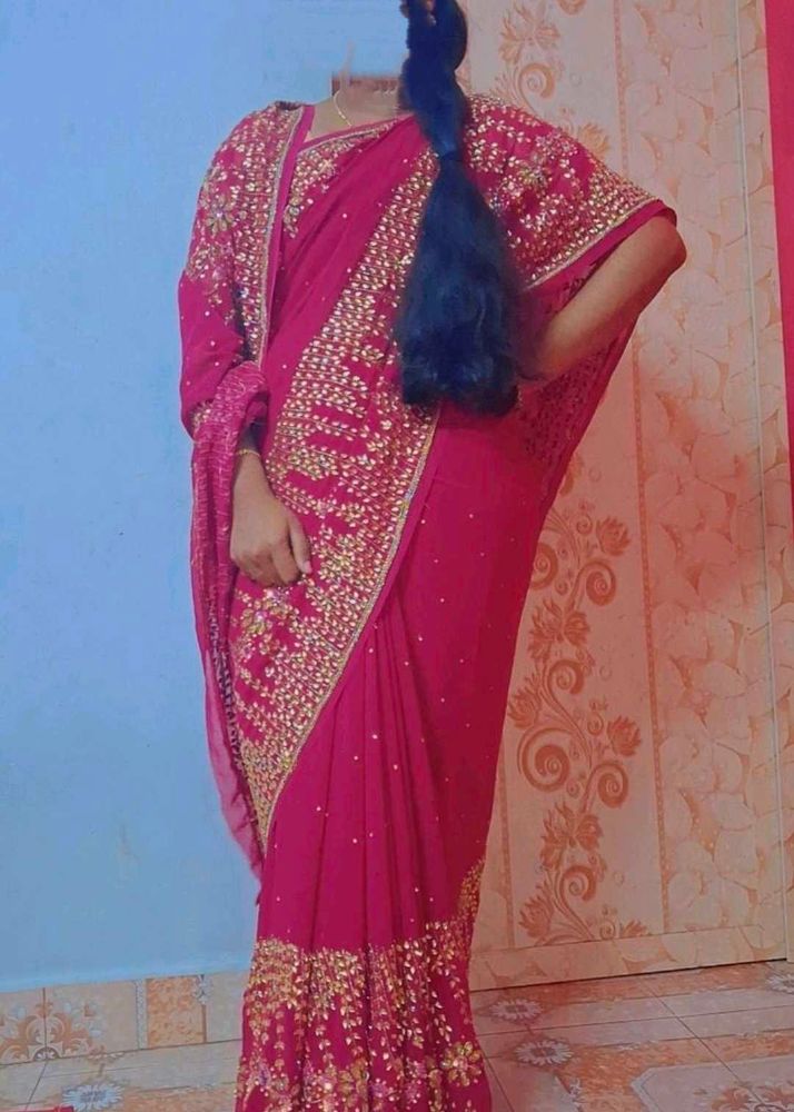 Elegant Magenta Aari Stone Work Saree