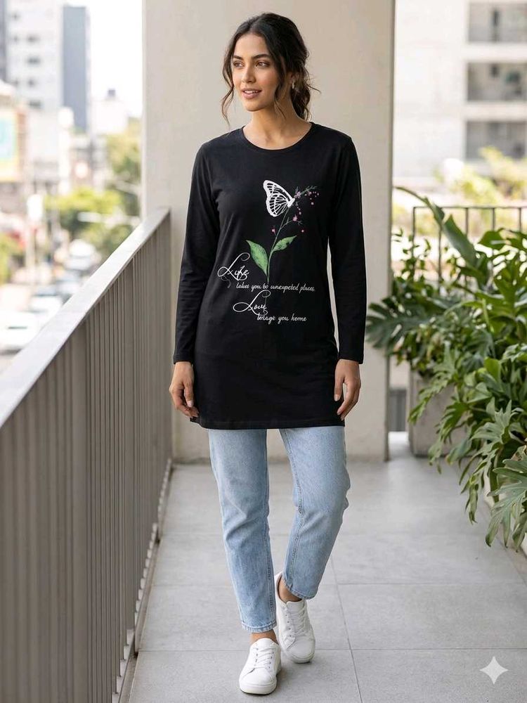 Black Long Sleeve Tunic with Butterfly Print