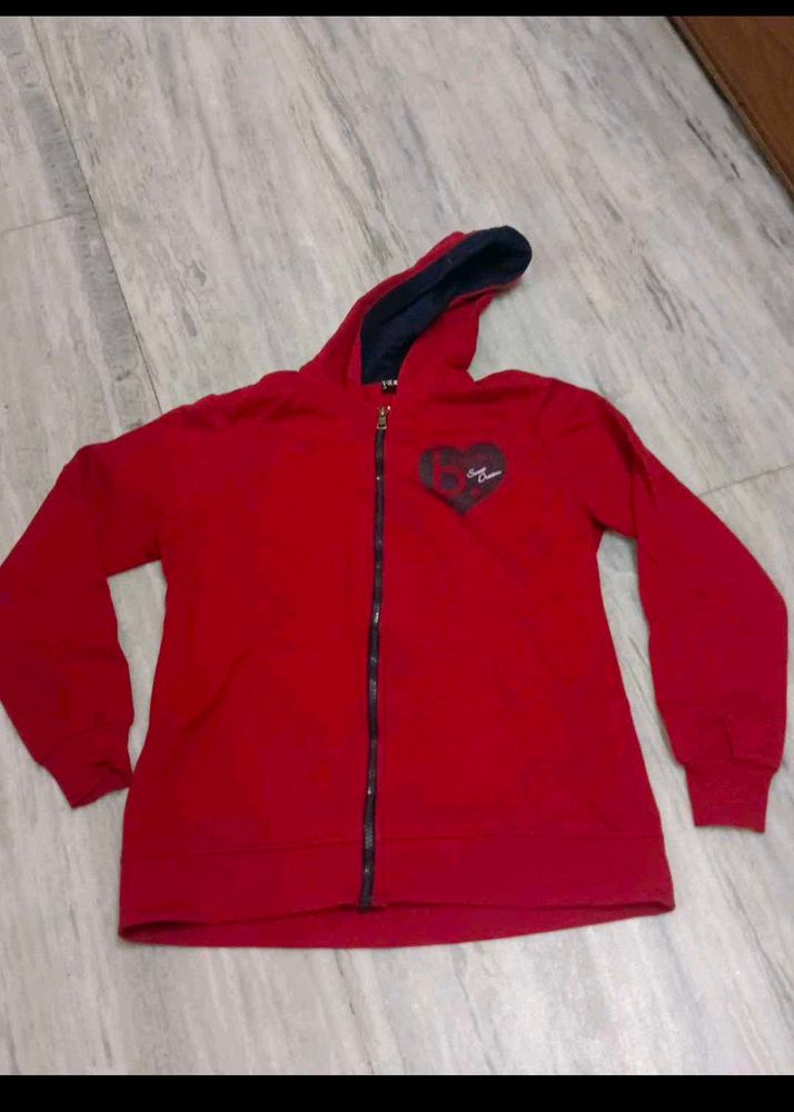 Red Zip-Up Hoodie with Heart Design