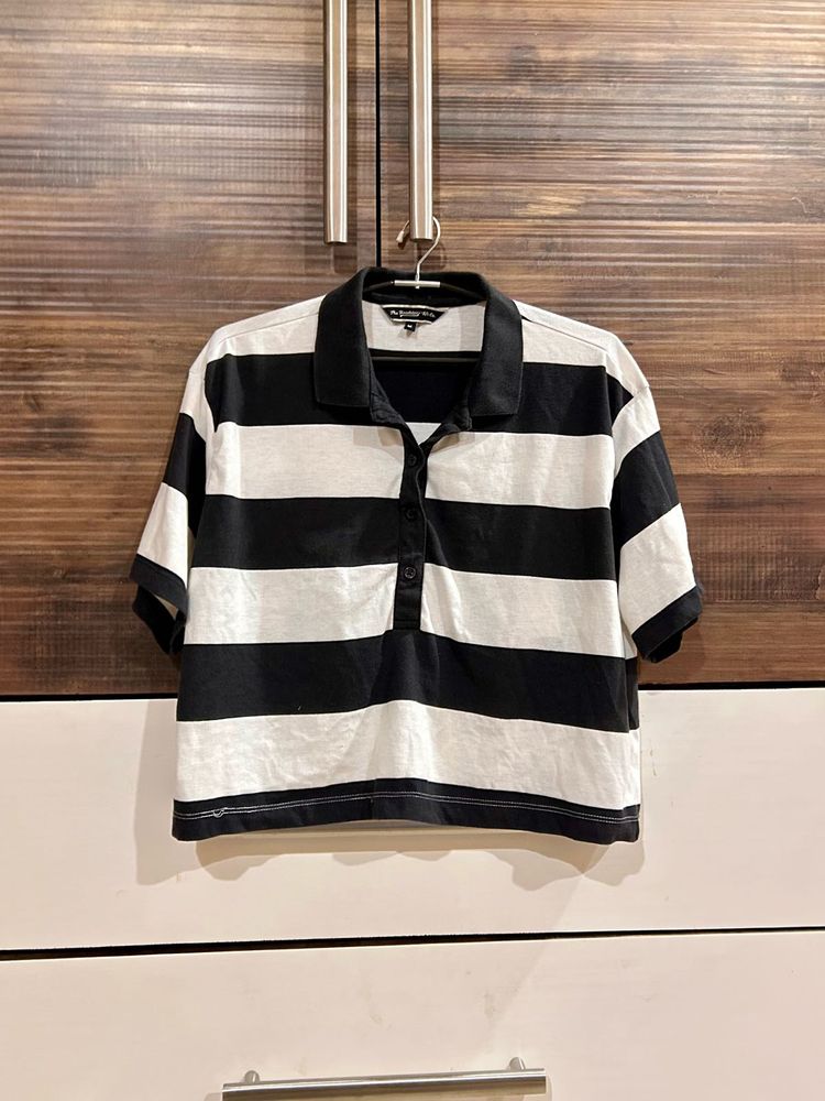 Black &amp; White Striped Polo T-Shirt | Size M