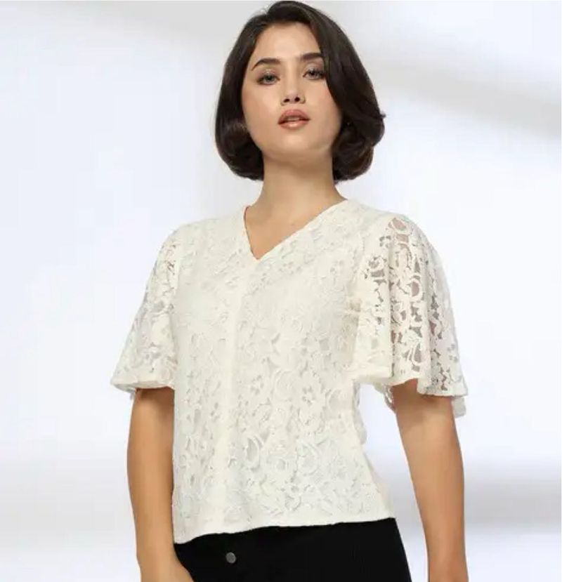 Elegant Lace V-Neck Flutter Sleeve Top