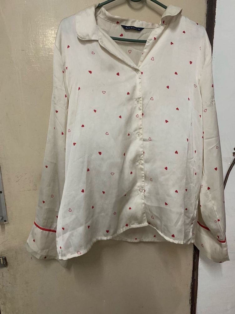 Cream Heart Print Button-Up Shirt