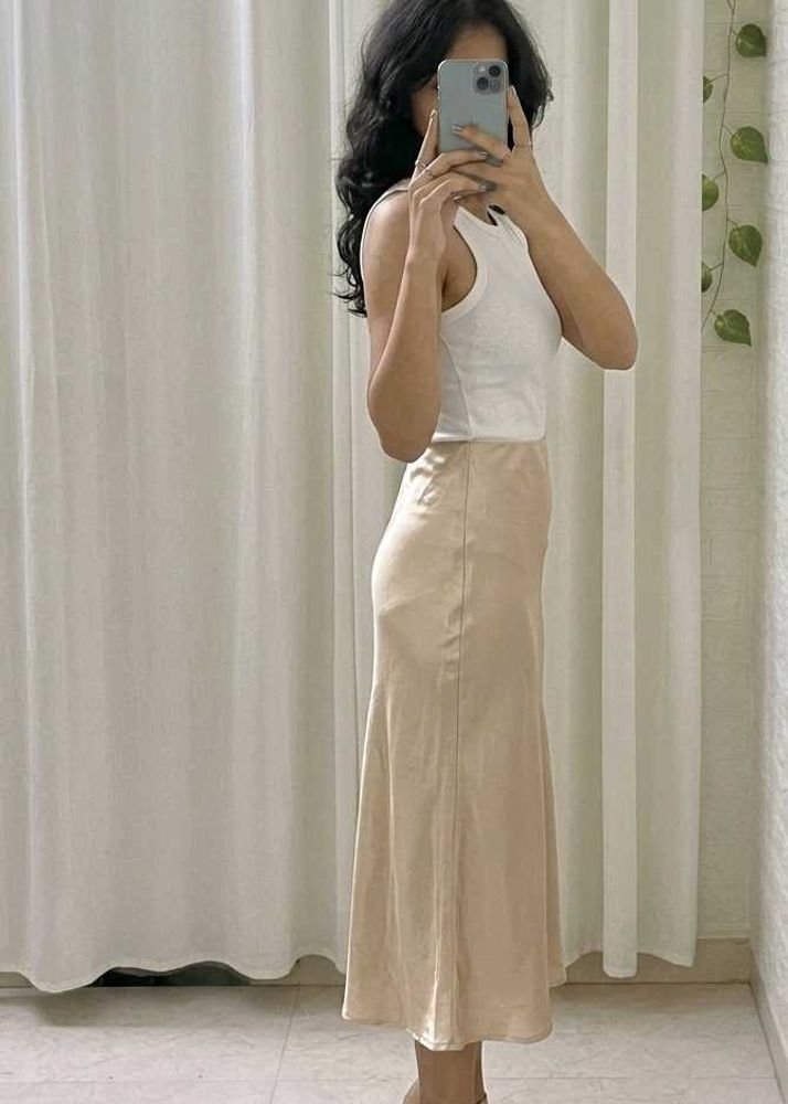 Elegant Satin Midi Skirt (Beige)