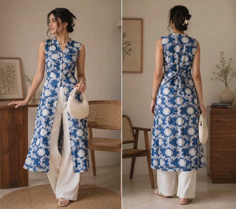 Blue Printed Sleeveless Kurta