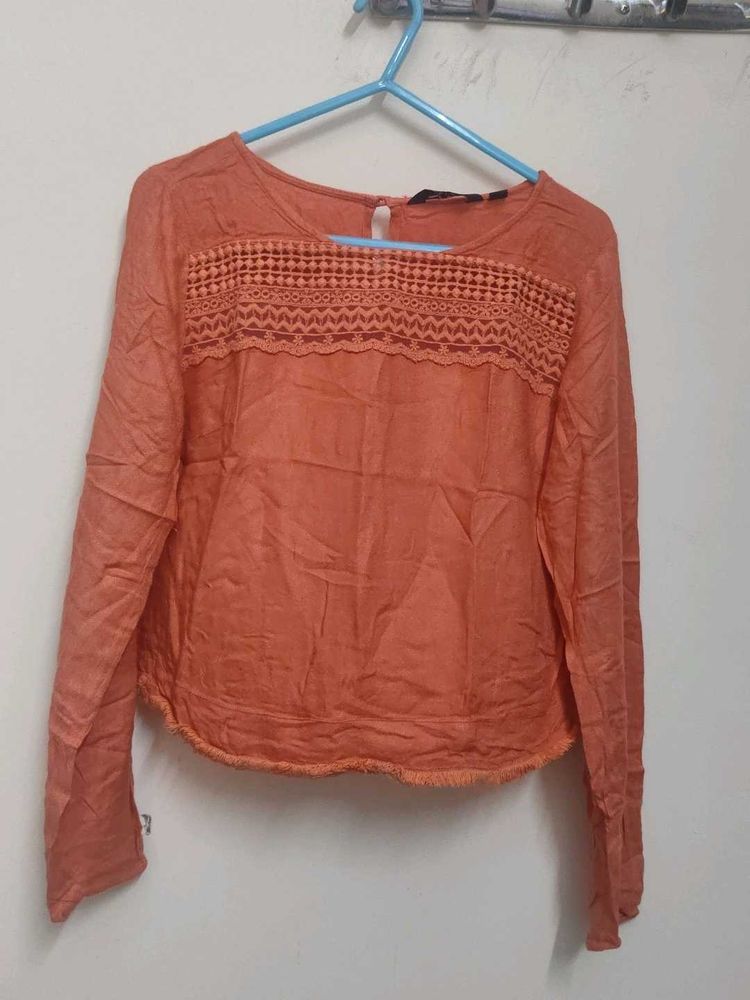 Orange Lace Detail Long Sleeve Top