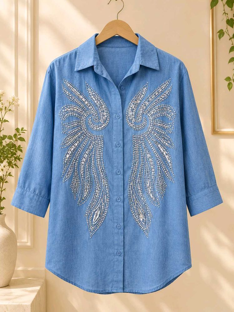 Blue Denim Shirt with Rhinestone Wings