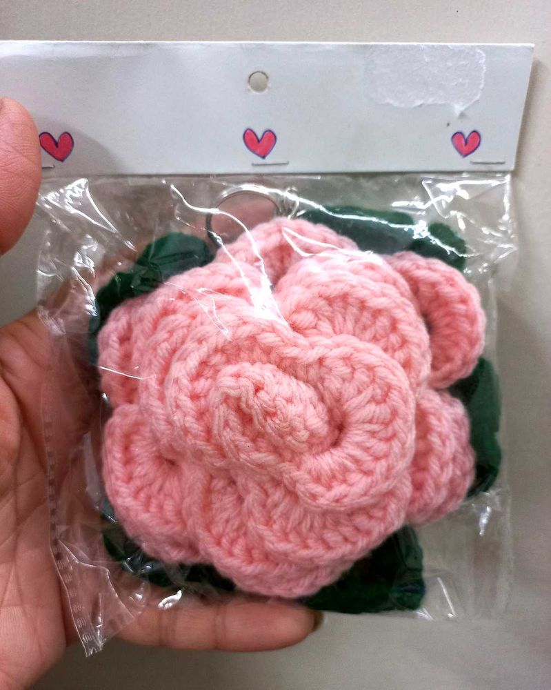 Handmade Crochet Pink Rose Keychain/Bag Charm