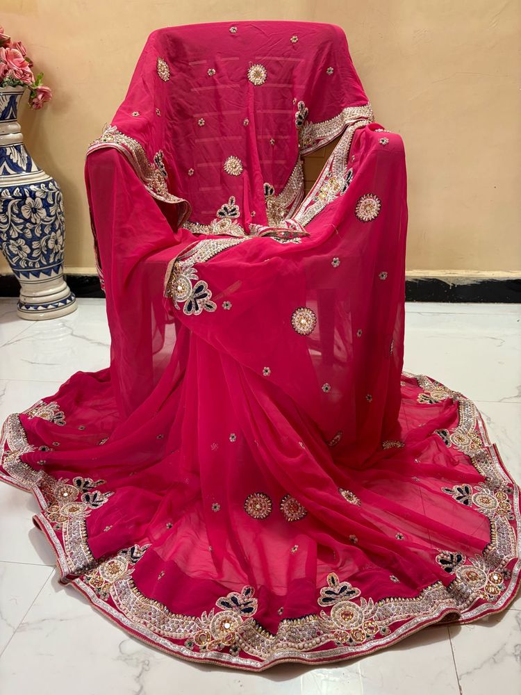 Stunning Pink pearl work Embroidered Saree