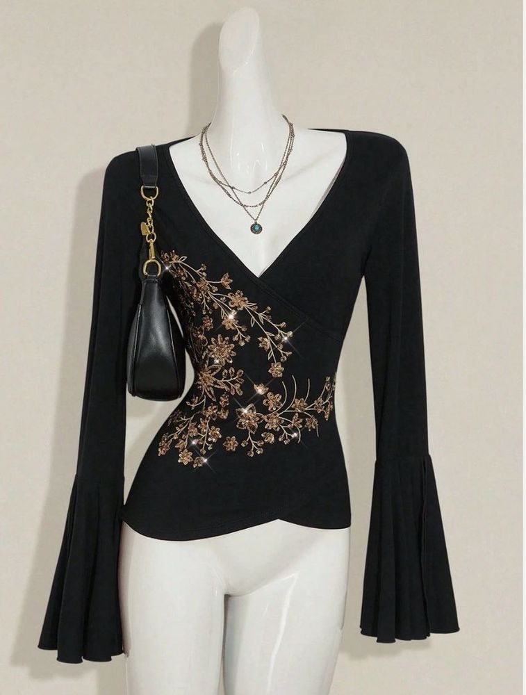 Sparkling Floral Bell Sleeve Top