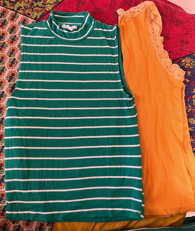 Striped Mock Neck Tank Top &amp; Lace Trim Camisole