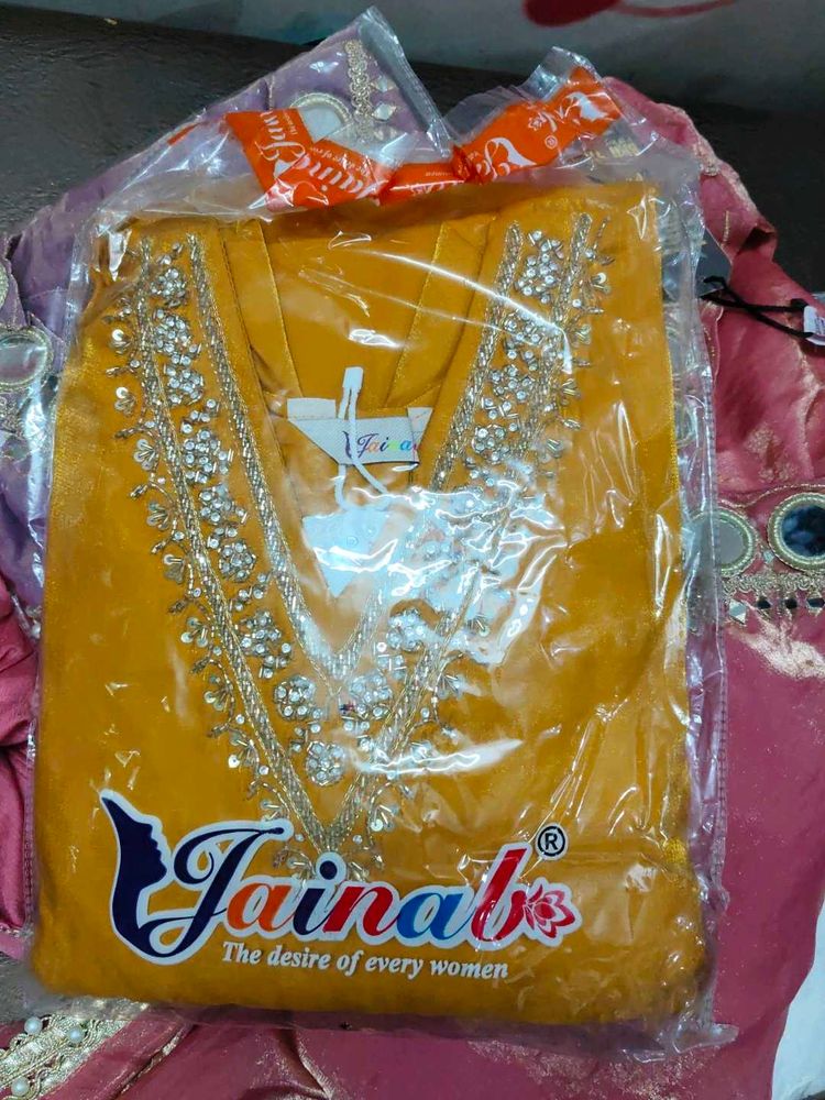 party wear 3 suits Yellow Embroidered Kurta