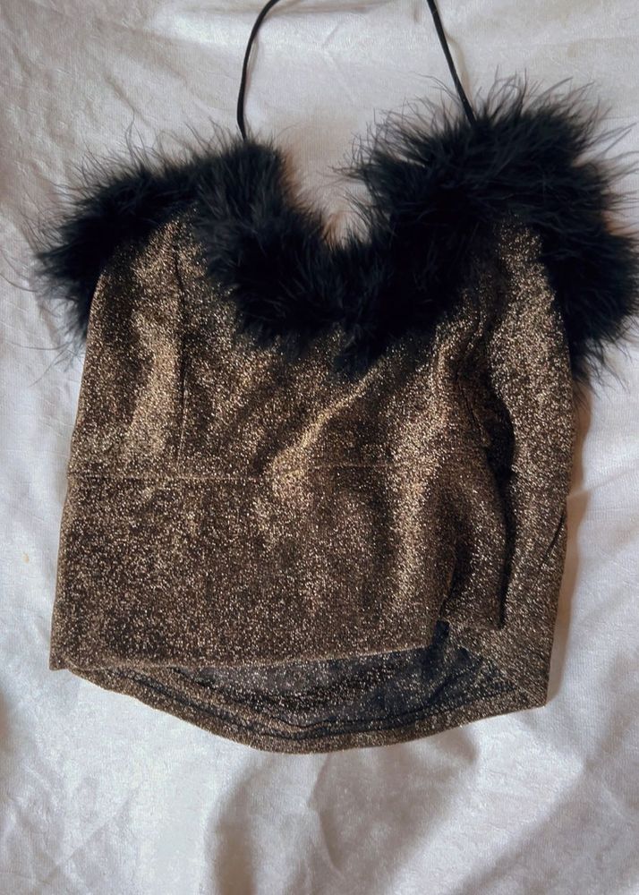 Sparkly Feather Trim Crop Top