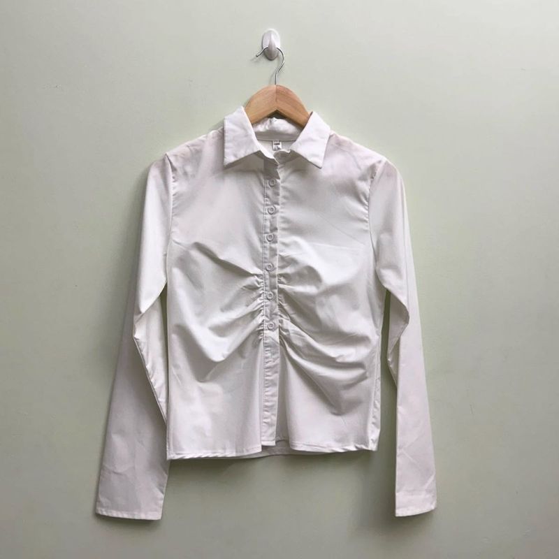 Chic White Ruched Long Sleeve Shirt