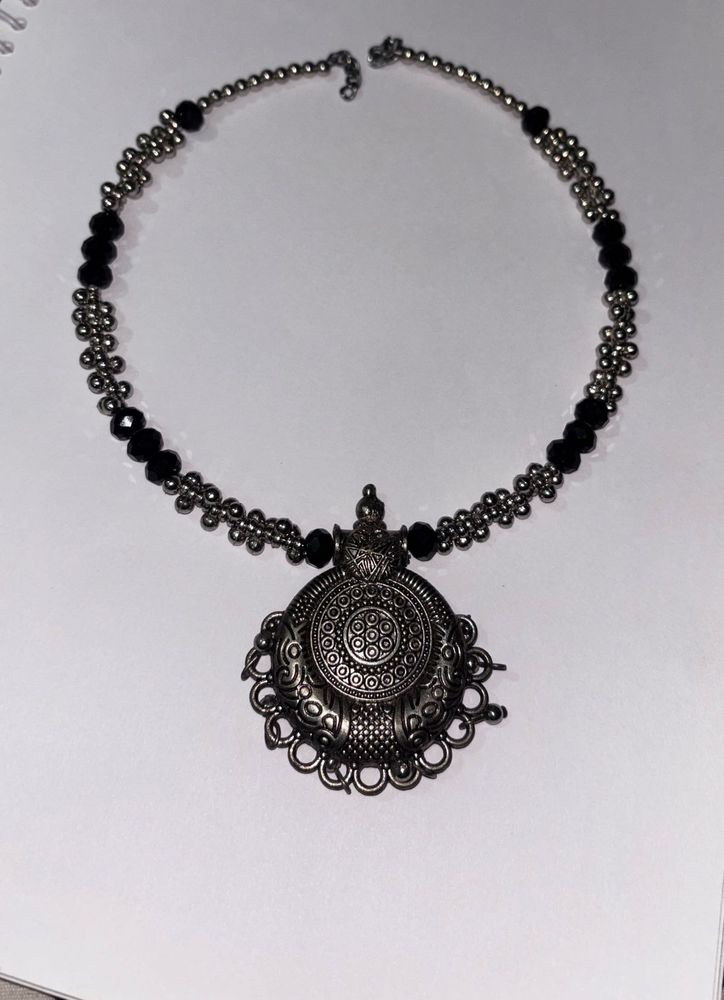 Oxidized Silver Necklace with Black Beads