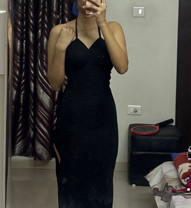 Black Textured Halter Neck Mini Dress