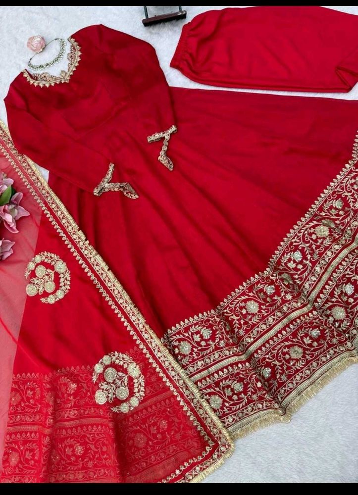 TitlesRoyal Red Designer Anarkali Suit Set with He
