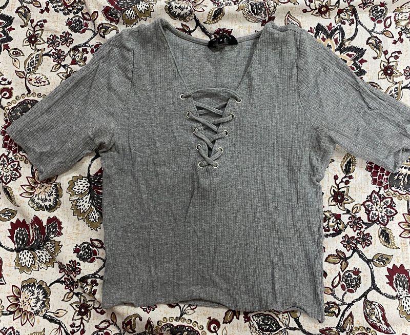 Grey Lace-Up Ribbed Top