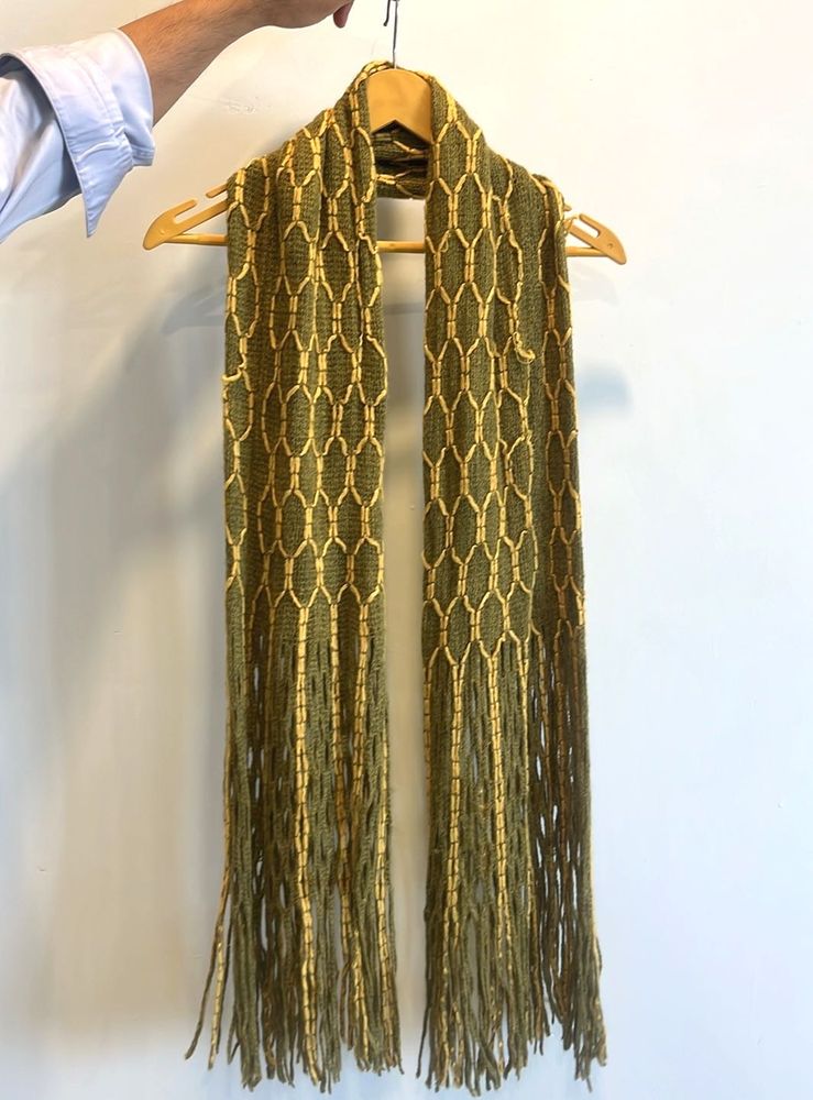 Green Woven Scarf with Fringe