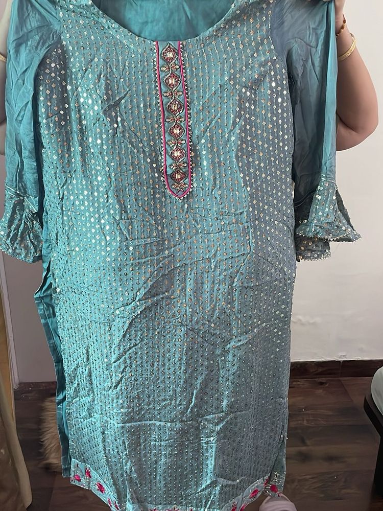 Beautiful Teal Kurta with Embellished Neckline